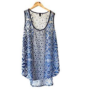 Mossimo Boho Geometric Print Sleeveless Tank Top | Sheer Blue & Tan | Size L/O